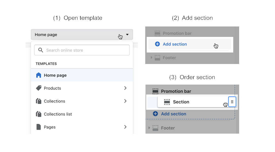 Highlighted areas of the Shopify theme editor showing how to open templates, add sections, and re-order sections.